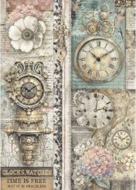 Stamperia A4 Rice Paper Gardens of Time - Clocks Time is Free 