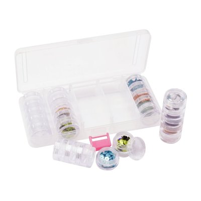 Förvaring med 25 små burkar