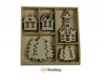 CraftEmotions Wooden ornament box - houses, church 25 pcs