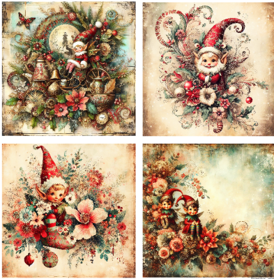 4 motivbilder på papper 12x12 inch - Vintage Jul 1