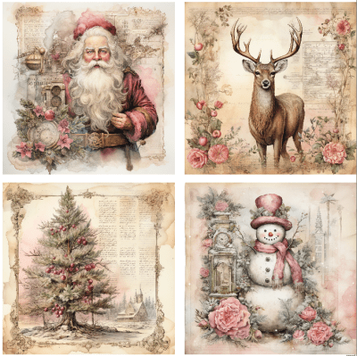4 motivbilder på papper 12x12 inch - Rosa Vintage Jul