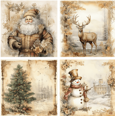4 motivbilder på papper 12x12 inch - Julmotiv Vintage Brun