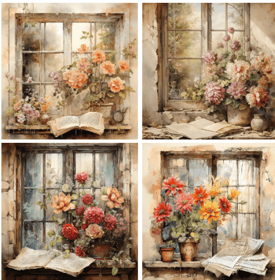 4 motivbilder på papper 12x12 inch - Blomsterfönster
