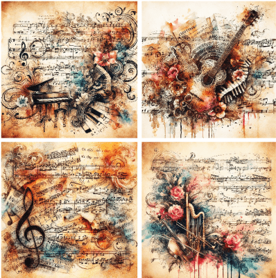 4 motivbilder på papper 12x12 inch - Noter & Instrument