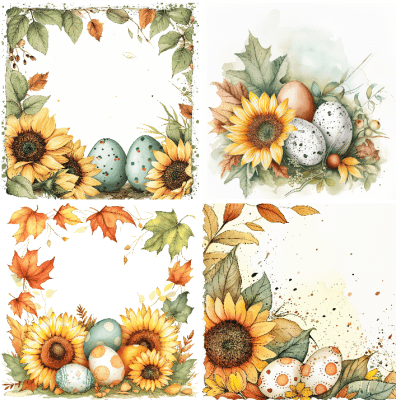 4 motivbilder på papper 12x12 inch - Retro Solros med Ägg