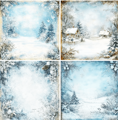4 motivbilder på papper 12x12 inch - Blå vintage Jul